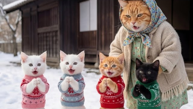Котенок Джинджер. Бабушка и котята убирают заснеженный дом. Трогательный день спасения
