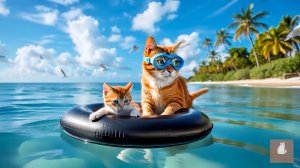 😹Мама кошечка со своим маленьким сыночком плывут на надувном круге в море🔥