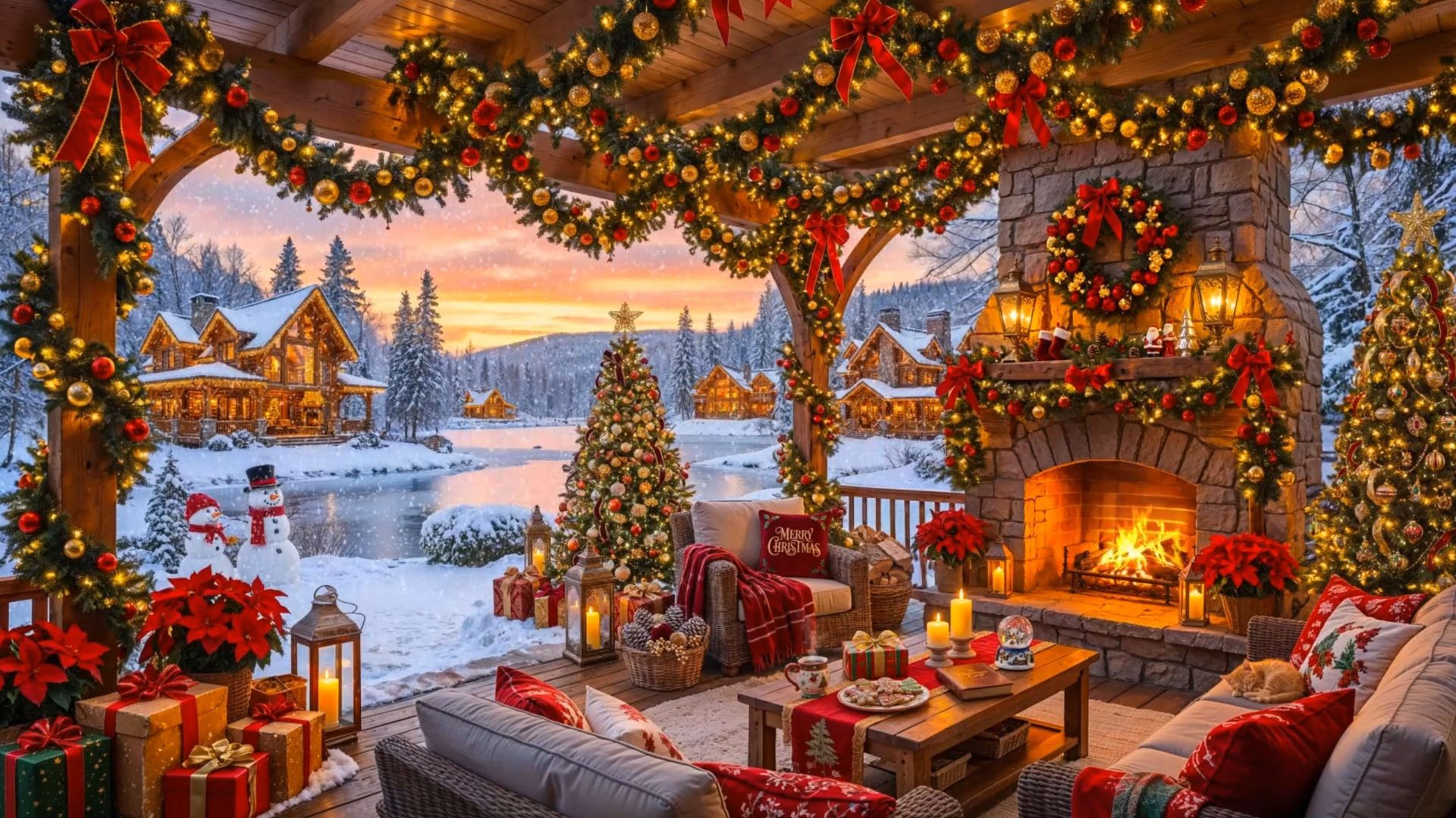 🔥 Рождественский камин на террасе 🎄 Уютный зимний джаз и вечерний закат смотреть онлайн