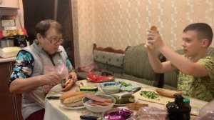 С внуком , учимся делать ход доги, но маленько получилась.