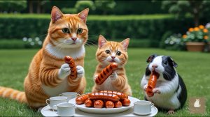 😹Мама кошечка со своим маленьким котёночком кормят вкусными сосисками милого хомячка🔥