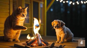 😹Мама кошечка жарит на костре маршмеллоу для своего ушастого друга🔥