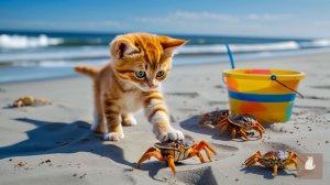 😹Милый Маленький котёночек ходит по пляжу и играет с крабом🔥