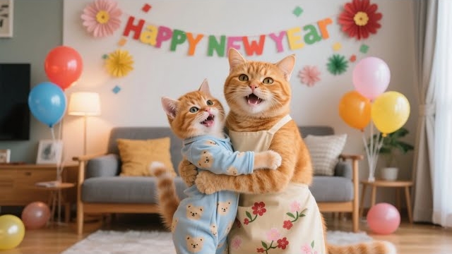 Рыжий котенок Джинджер и мама-кошка убирают в доме, проводя теплую новогоднюю ночь в кругу семьи