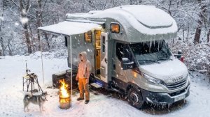 Кемпинг в роскошном автодоме в сильный снегопад. Бушкрафт