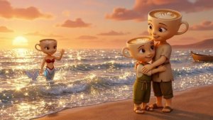 Русалка с искусственным хвостом благодарит Балерину Капучину за спасение.