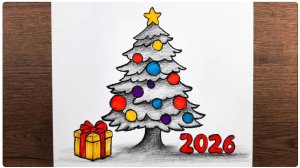 Как легко нарисовать новогоднюю Елку с подарками 2026 года карандашом - пошаговая инструкция