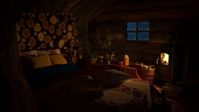Сон в уютной зимней хижине - Расслабляющий камин метель снегопад и ветер