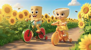 Малыш Тунг Тунг Сахур и Балерина Капуччина катаются на велосипедах по саду с подсолнухами