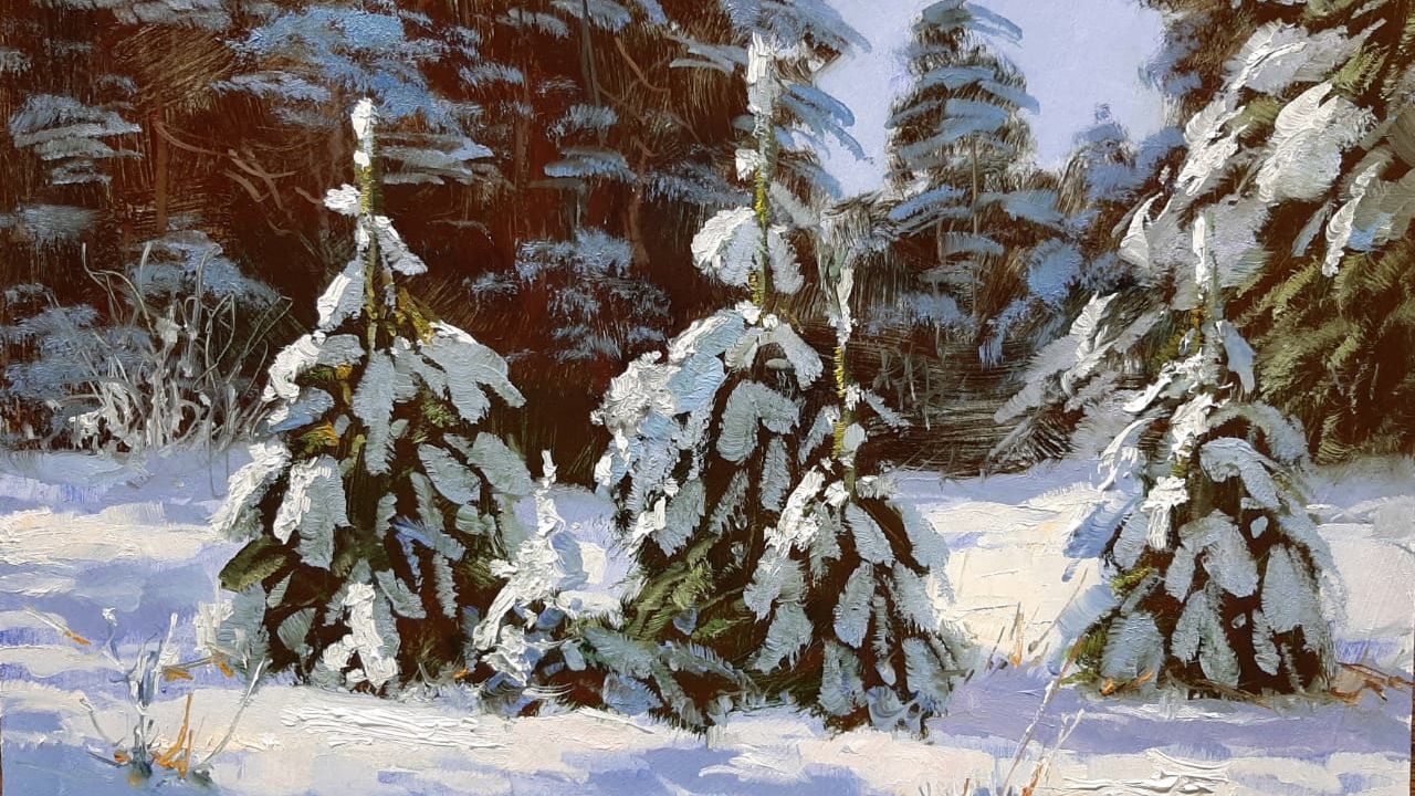 Eлочки .Живопись маслом смотреть онлайн