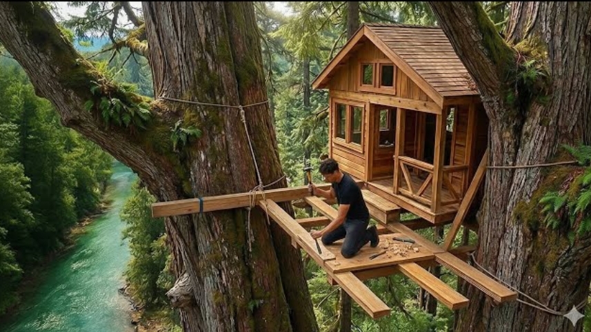 Построил уютный домик на двух гигантских деревьях.