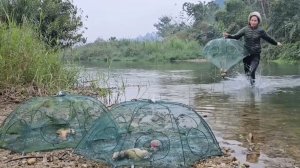 Девушка рыбачит традиционным способом. Ловит много крупной рыбы в ручье. Вьетнам