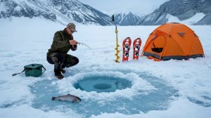Рыбалка на замёрзшем озере.