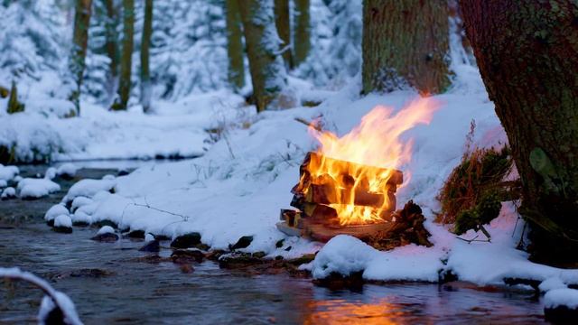 4K 📺 Тихий зимний костер у лесного ручья ❄️🌲100% аутентичные звуки