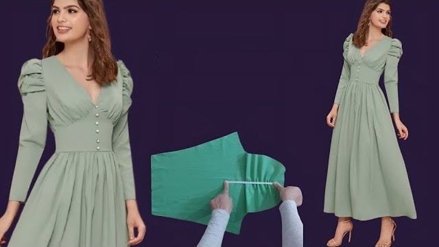 Моделирование выкройки длинного платья с глубоким вырезом декольте и пышных рукавов смотреть онлайн