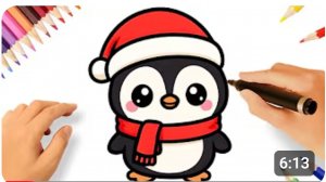 КАК НАРИСОВАТЬ ПРОСТОГО МИЛОГО ПИНГВИНА В НОВОГОДНЕЙ ШАПОЧКЕ 🐧