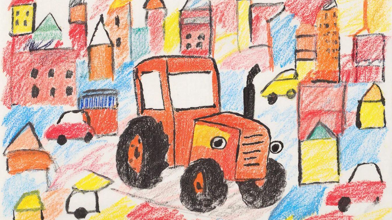 Трактор едет в городе машинок. Мультфильмы для детей. смотреть онлайн