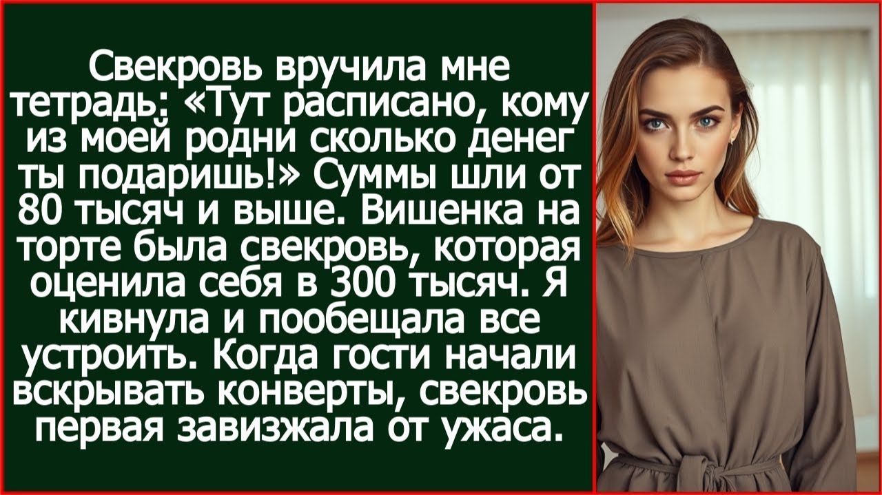 Свекровь вручила мне тетрадь: «Тут расписано, кому и сколько денег ты подаришь!» | Реальная История