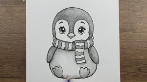 Как нарисовать простой и милый рисунок Пингвина с шарфиком - пошаговая инструкция карандашом