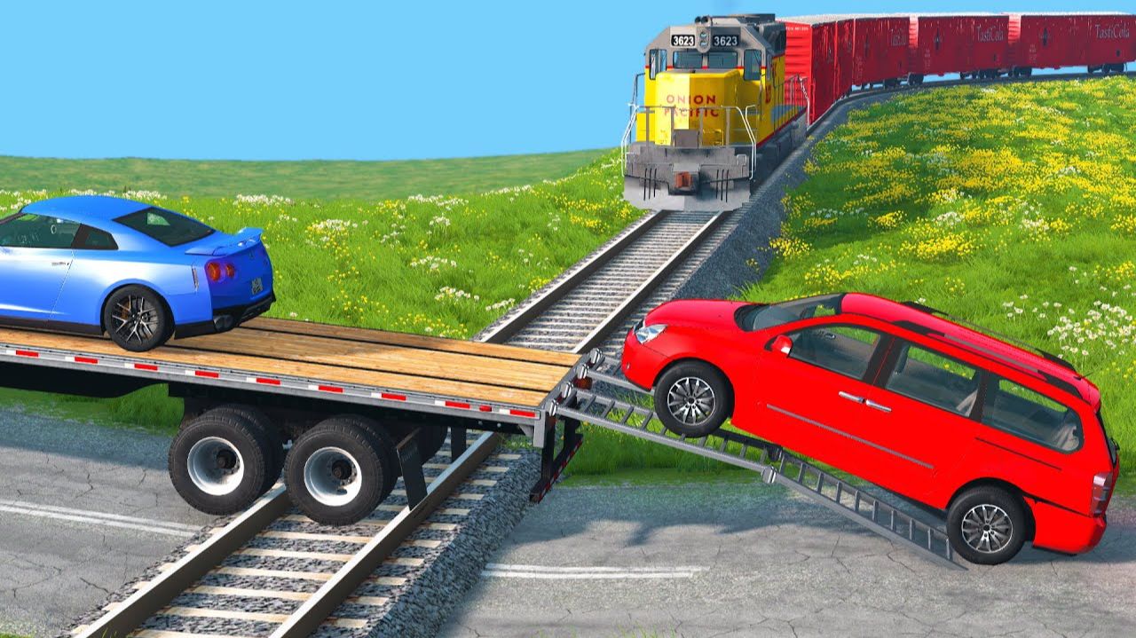 Автомобили против рельсов и глубокой воды 😱 | BeamNG.Drive | Бемиджи Драйв смотреть онлайн