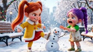 Непослушная малышка Мира испортила снеговика малышки Руми.