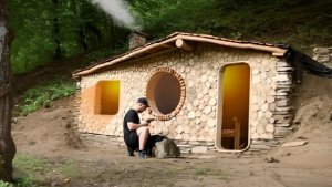 Построил домик мечты в лесу. Убежище из брёвен и камней. Бушкрафт