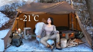 Кемпинг в уютной и теплой палатке зимой. Бушкрафт