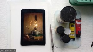 Гуашь. Натюрморт с керосиновой лампой