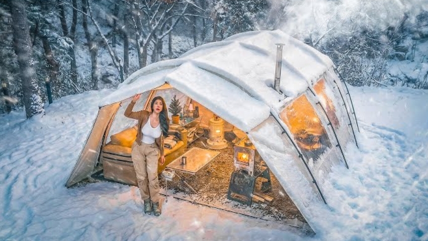 Новогодний кемпинг в горах, в уютной надувной палатке. смотреть онлайн