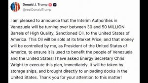 Дональд Трамп: "Временные власти Венесуэлы передадут США от 30 млн до 50 млн баррелей нефти", 07.01