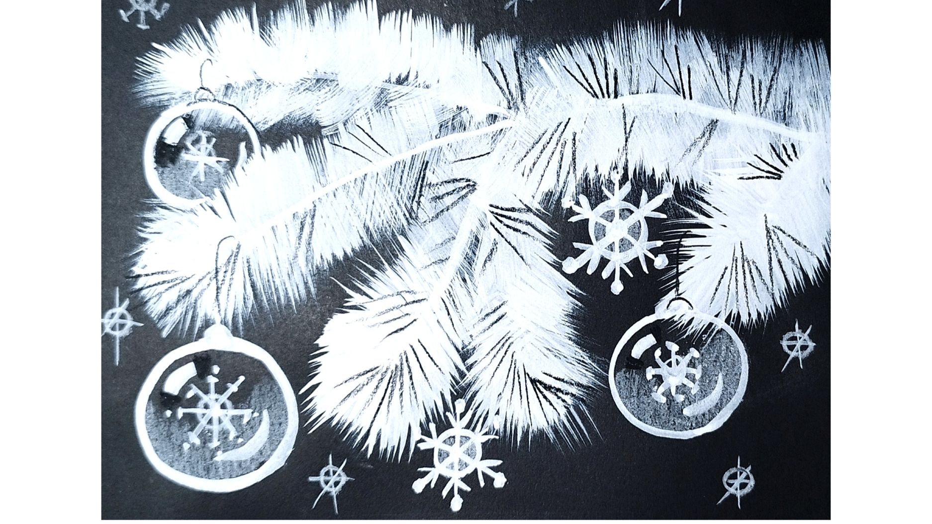 Как просто нарисовать сосновую ветку белой гуашью на черной бумаге. смотреть онлайн