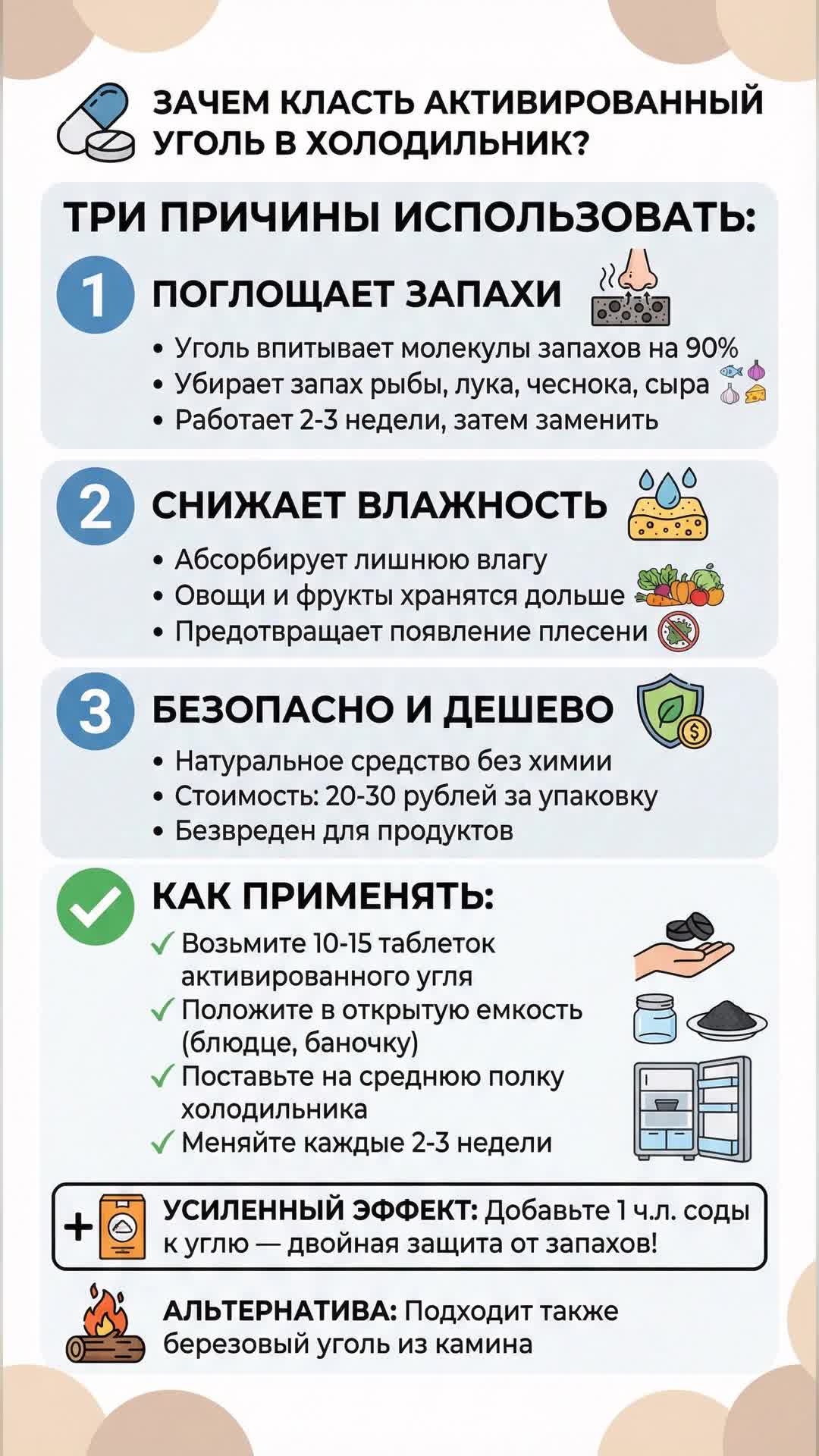 Зачем класть активированный уголь в холодильник