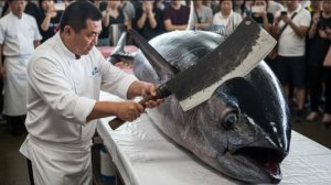 Посмотрите как быстро мастер разделывает гигантского тунца 500кг.
