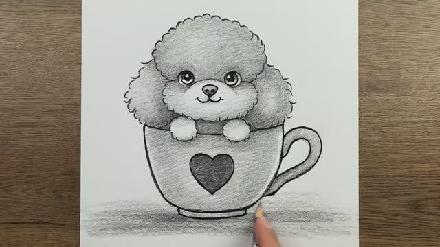 Как нарисовать простую милую собачку в чашке  карандашом, шаг за шагом смотреть онлайн