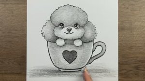 Как нарисовать простую милую собачку в чашке  карандашом, шаг за шагом