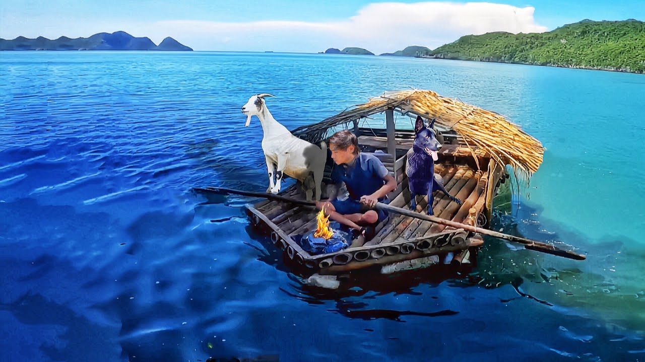 Выживание на мусорном плоту с моей собакой / Рыболовная сеть, крабы и приготовление морепродуктов смотреть онлайн