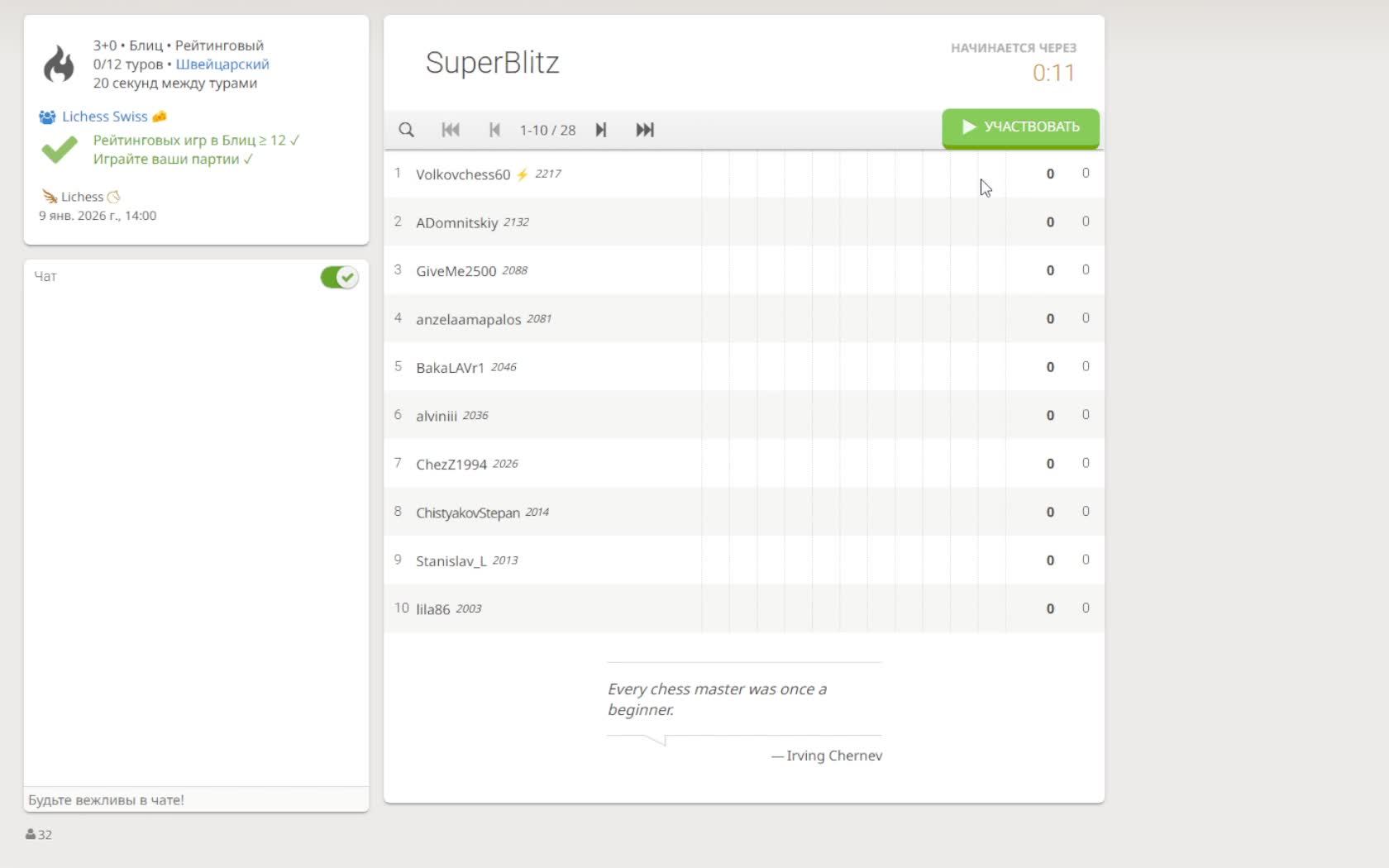 Всё выше и выше Ксюша играет в турнире на lichess.org
