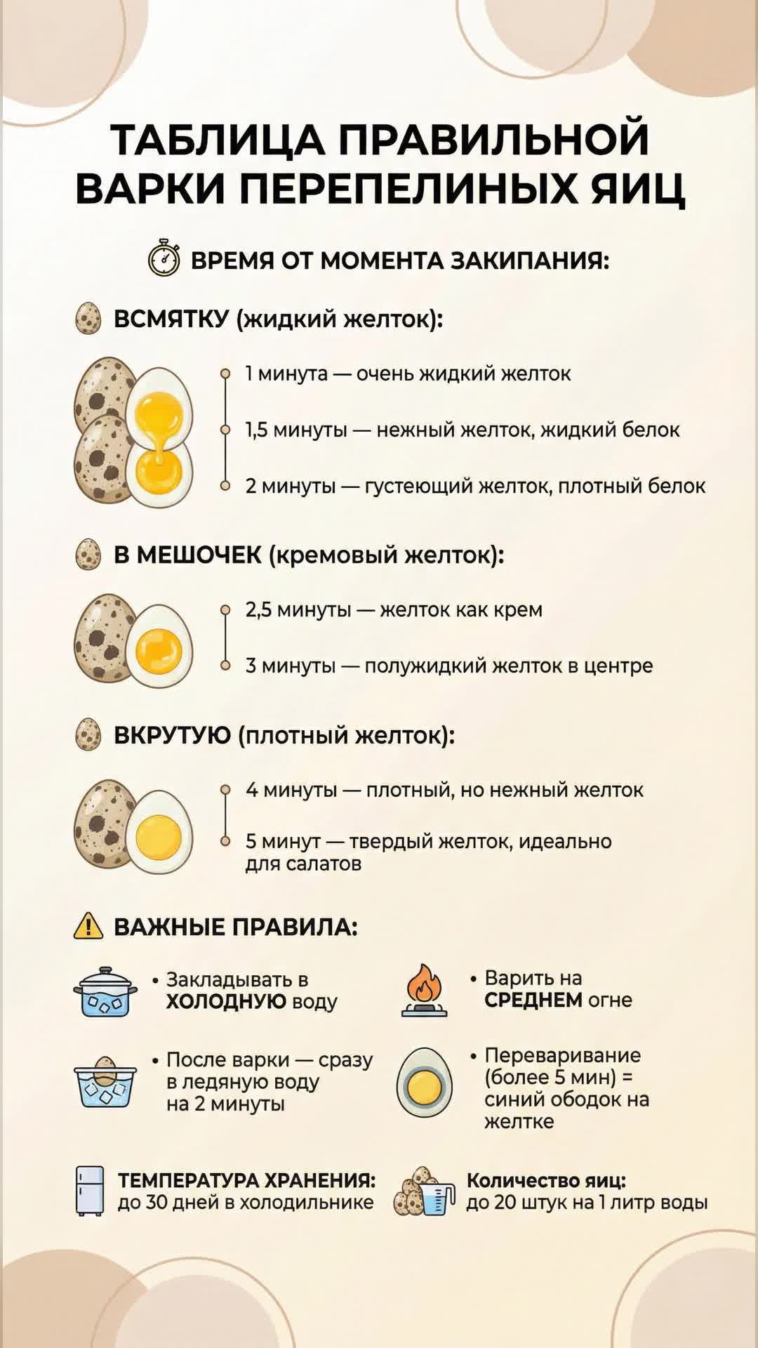 Таблица правильной варки перепелиных яиц