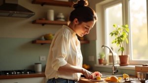 Девушка режет апельсин