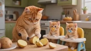 Мама-кошка и её котёнок копают картошку и вместе готовят хрустящую картошку фри [get.gt]