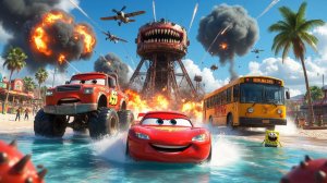 Мультик тачки Молния Маквин и Губка Боб бегут от Зомби. Жуткий аквапарк лишь началло. Беги,Мак!