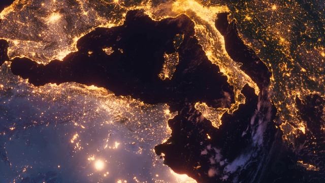 Бесплатное видео футаж, Планета Земля. Центральна Европа Средиземноморье Космос Орбита Ночной Глобус