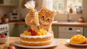 Мама-кошка готовит вкусный клубничный торт для маленького Рыжика и заводит друга-цыпленка