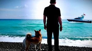 Человек с собакой у моря.