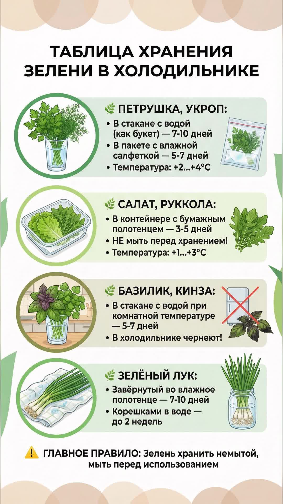 Таблица правильного хранения зелени