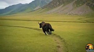 Белоголовый орлан нападает на дикого яка.