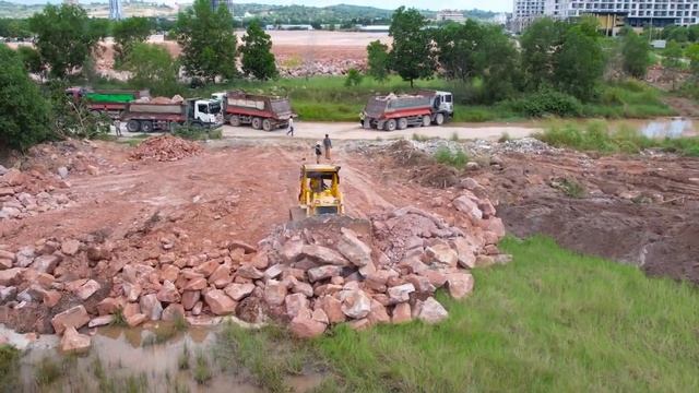 Starting Point Filling Stone Huge Land Use Operator Bulldozer, Dump Truck Moving Stone in Processing