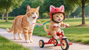 😹Мама кошечка смотрит как её маленький котёночек катается на велосипеде🔥