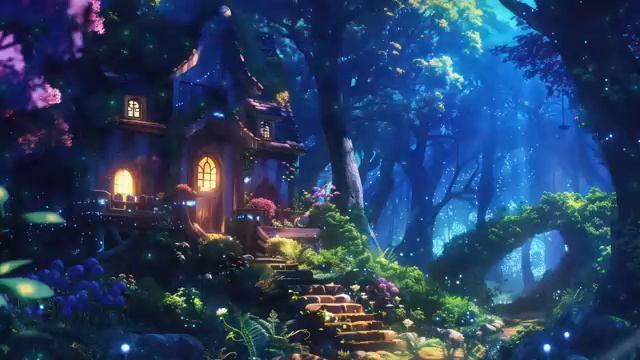 Очаровательный сказочный домик посреди леса в ночной версии - Музыкальная атмосфера смотреть онлайн