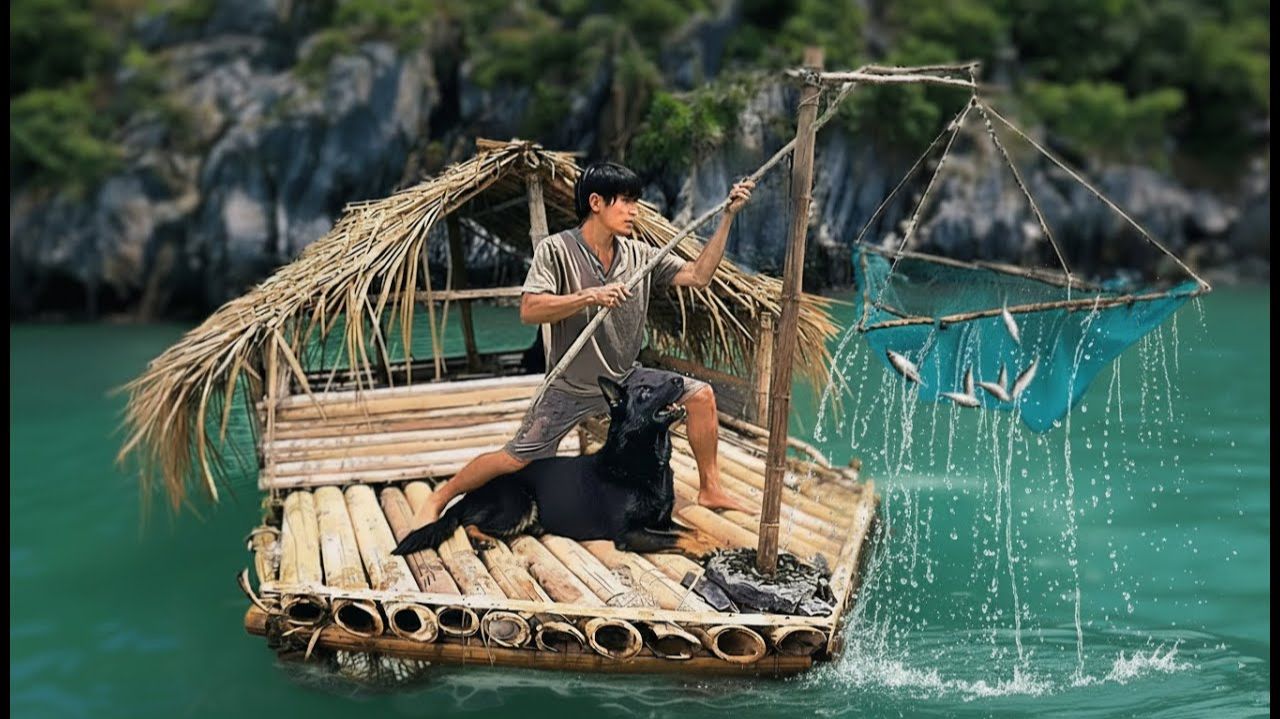 Выживание на плоту из мусора с собакой / Рыбалка с подъемной сетью и приготовление морепродуктов смотреть онлайн